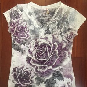Sheer Tee with Purple Roses & Rhinestones- Small